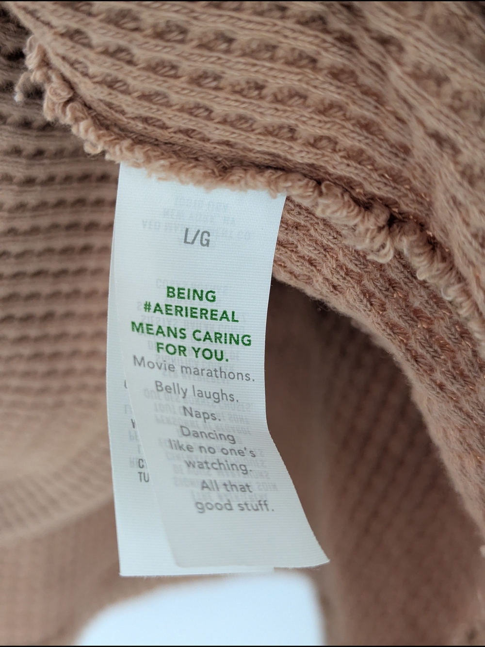 Aerie Waffle Knit Oversized Henley Sweater Tan Taupe Raw Hem Large Loungewear - Picture 4 of 8